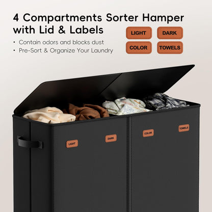 185L Laundry Hamper 3 Section, Laundry Hamper with Lid, Dirty Clothes Hamper with 3 Removable Washing Bags, Extra Large Laundry Basket Organizer for Bedroom, Laundry Room, Dorm - Black