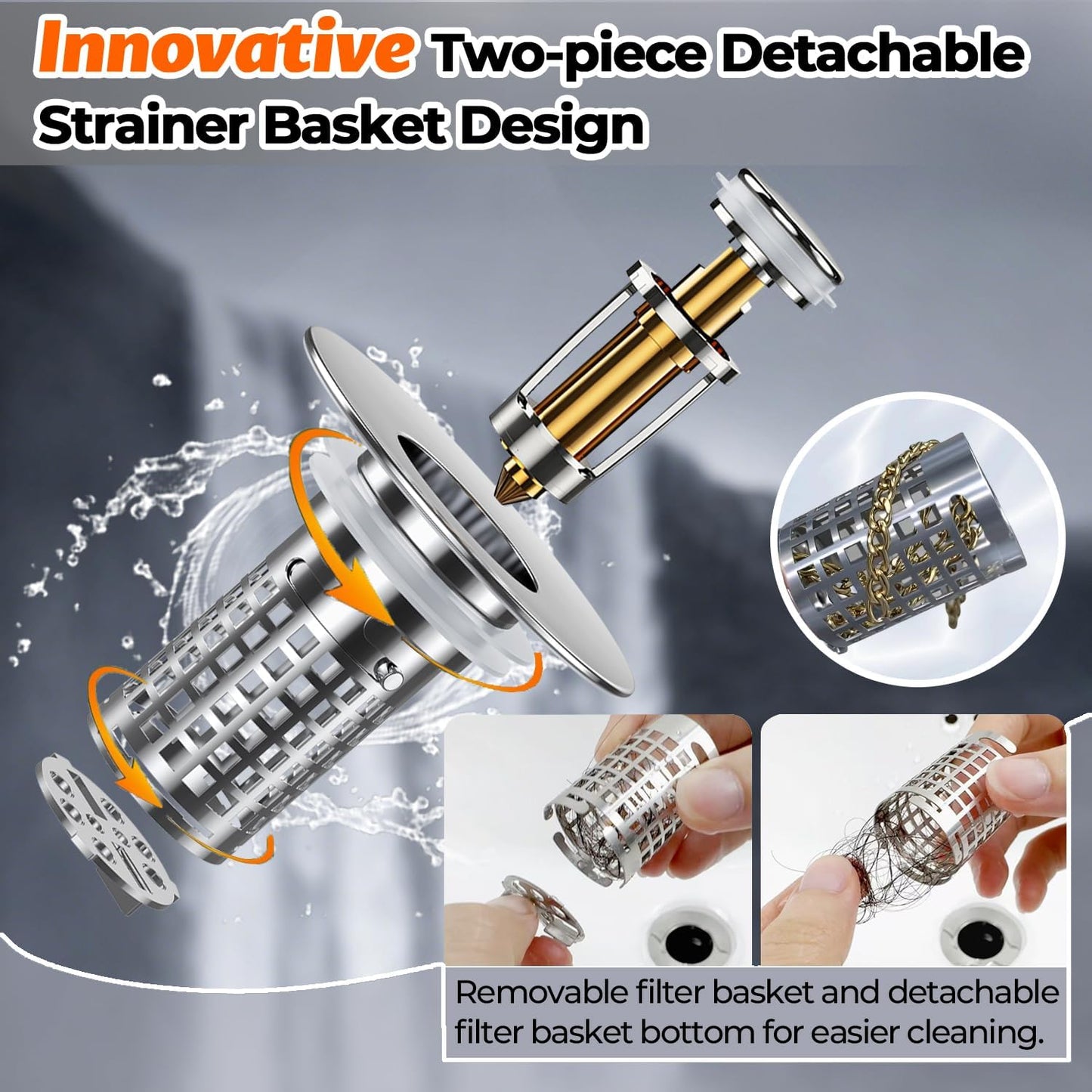 Bathroom Sink Drain Strainer, Stainless Steel Pop-up Strainer Basket Hair Catcher with Removable Basket, Brass Bullet Core, Universal Fit 1.1-2.36 Inch (1PCS)