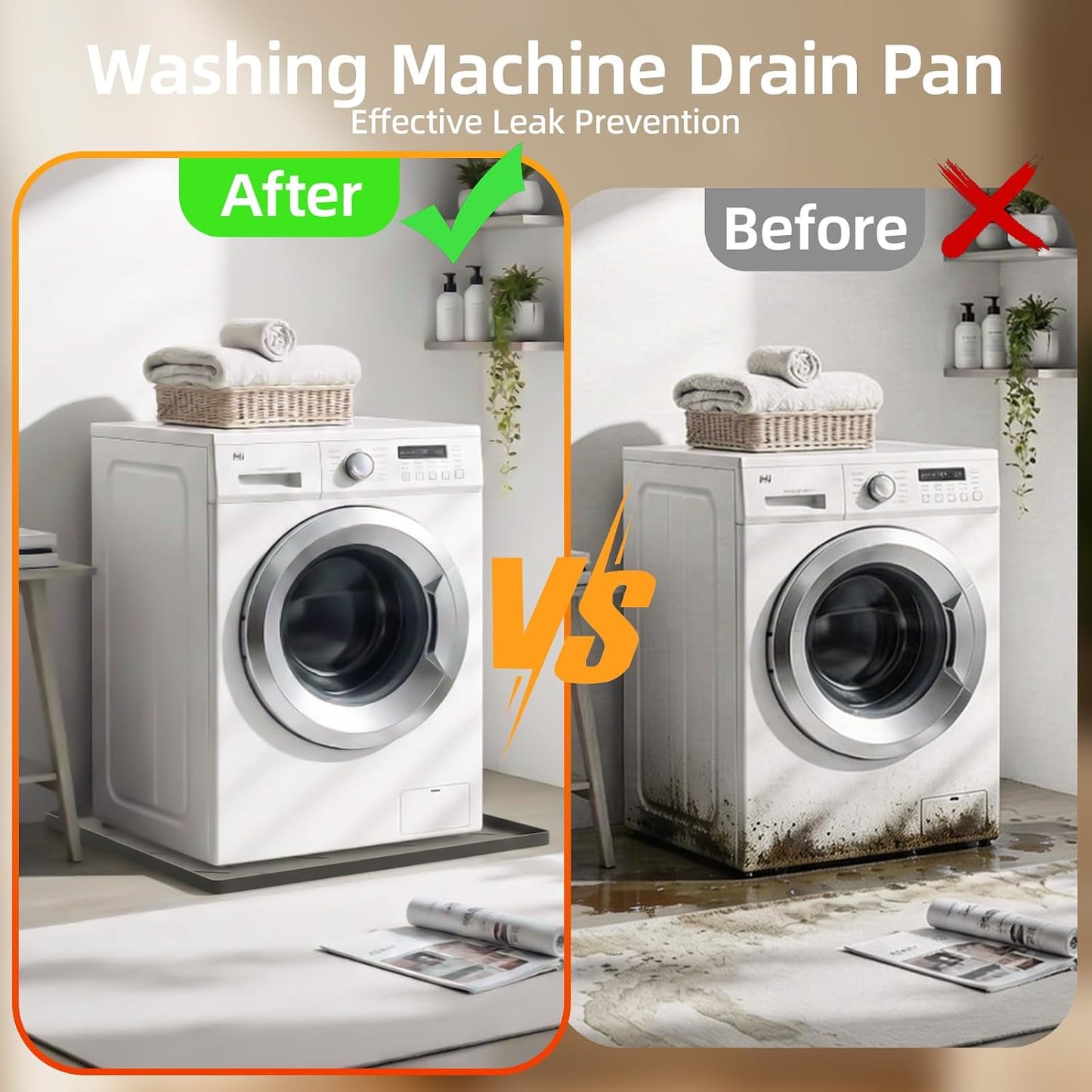 Washing Machine Drain Pan Silicone Mat, 32 x 30 Inch Washer Drip Tray, Non-Slip Waterproof Washer Tray for Floor Protection, Anti-Vibration Mat for Washer or Dryer