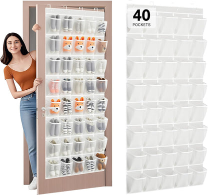 40 Large Mesh Pocket Over the Door Shoe Organizer,Hanging Shoe Rack for Door,Hualleko Shoes Organizer Hanger with Large Capacity, Shoes Storage Holder Sturdy Non-woven Fabric - Stores 20 Pairs (White)