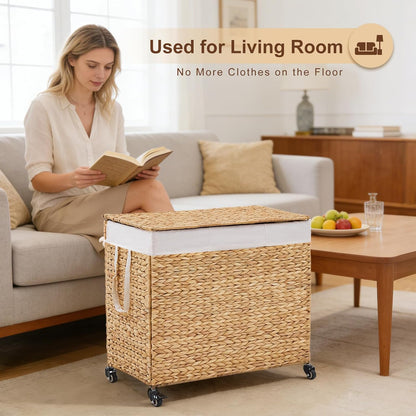3-Section Laundry Hamper with Lid, Large Capacity Woven Natural Water Hyacinth Laundry Sorter with Removable Liners, Rolling or Non-Slip Design for Bedroom (Natural, 155L)