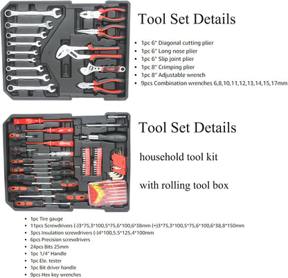 Campfun 899PCS Tool Set, Household Tool Kit with Rolling Tool Box, Complete Tool Box Set Hand Tool Set with Tool Box, Mechanic Tool Set Rolling Tool Set for Home/Auto Repair Tool Set, Black