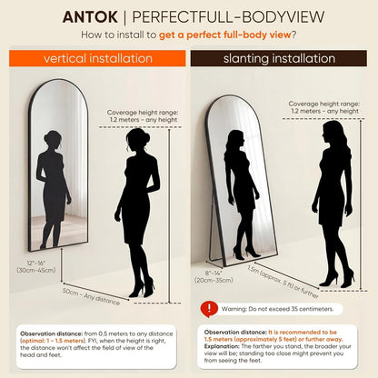 Antok 58" x19” Arched Full Length Floor Mirror, Gold Aluminum Frame, Free Standing/Wall Mount/Leaning for Bedroom, Living Room, Dressing Room