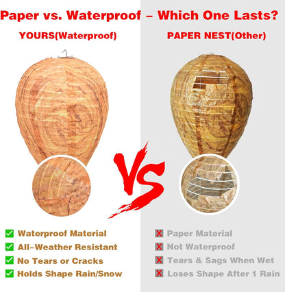 Fake Wasp Nest 4 Pack, Upgraded Waterproof Wasp Nest Decoy for Outdoor Hanging with Stainless Steel Frame, Realistic Artificial Hornet Nests for Patio, Porch, Eaves, Garden, House, Yellow