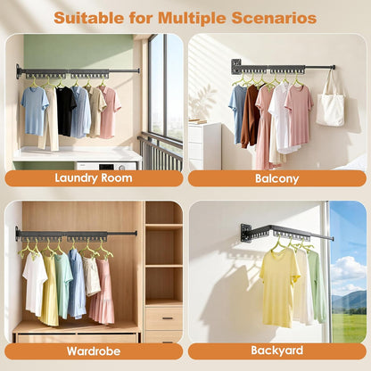 Wall Mounted Clothes Drying Rack Foldable, Windproof Aluminum Laundry Drying Rack Clothing, Retractable Space-Saving Drying Racks for Laundry Room Balcony Bathroom, Indoor/Outdoor Use