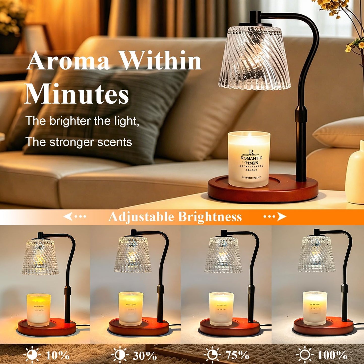 Candle Warmer Lamp - 2/4/8h Timer & Stepless Dimmable Candle Lamp with 3.9ft Cord, Adjustable Height Wax Melt Warmer for 2-6'H Jar Candles, Streamlined Flameless Ambiance Light for Bathroom Bedroom