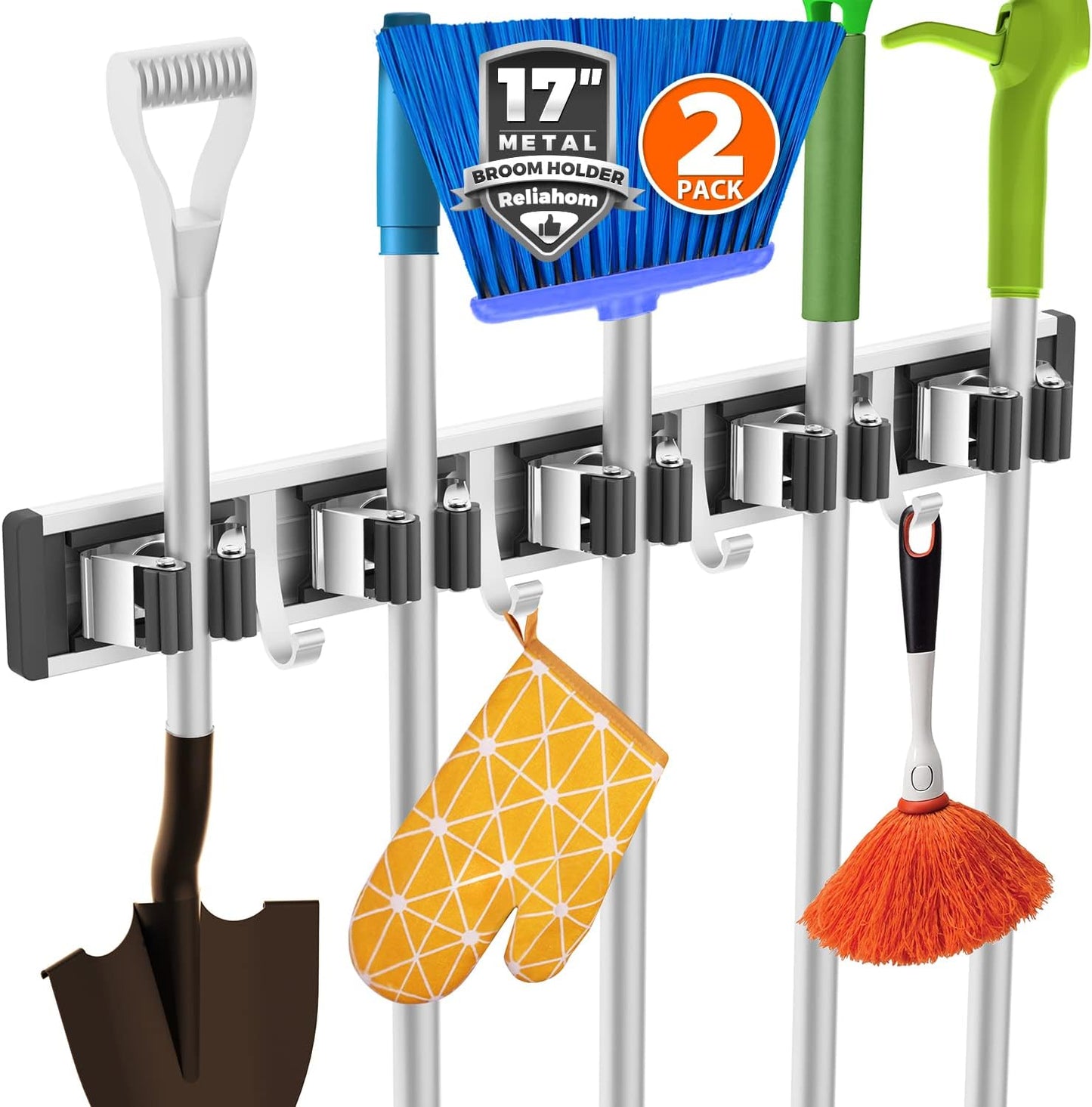 reliahom Broom Holder Wall Mount Mop Hanger Tools organizer 4Racks 5Hooks | Adjustable Mop Broom Wall Hanging Heavy duty Tools Storage Rack Space-saving for Garage,Kitchen,Laundry Room,Garden, Silver