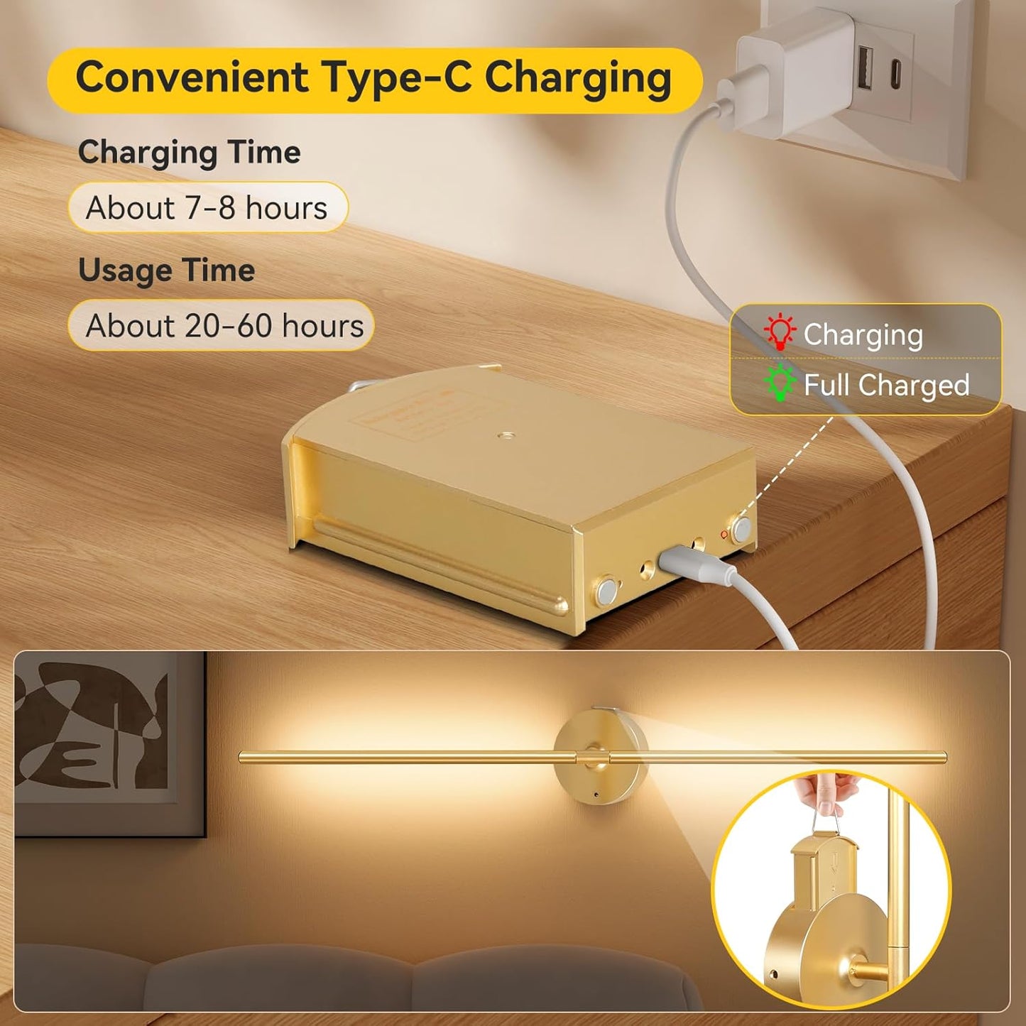Ouyulong Battery Operated Wall Sconces Set of 2, 10000mAh Wireless Rechargeable 3000-6000K Dimmable 350° Rotate Wall Light with Remote for Living Room, Bedroom 31.6in Black