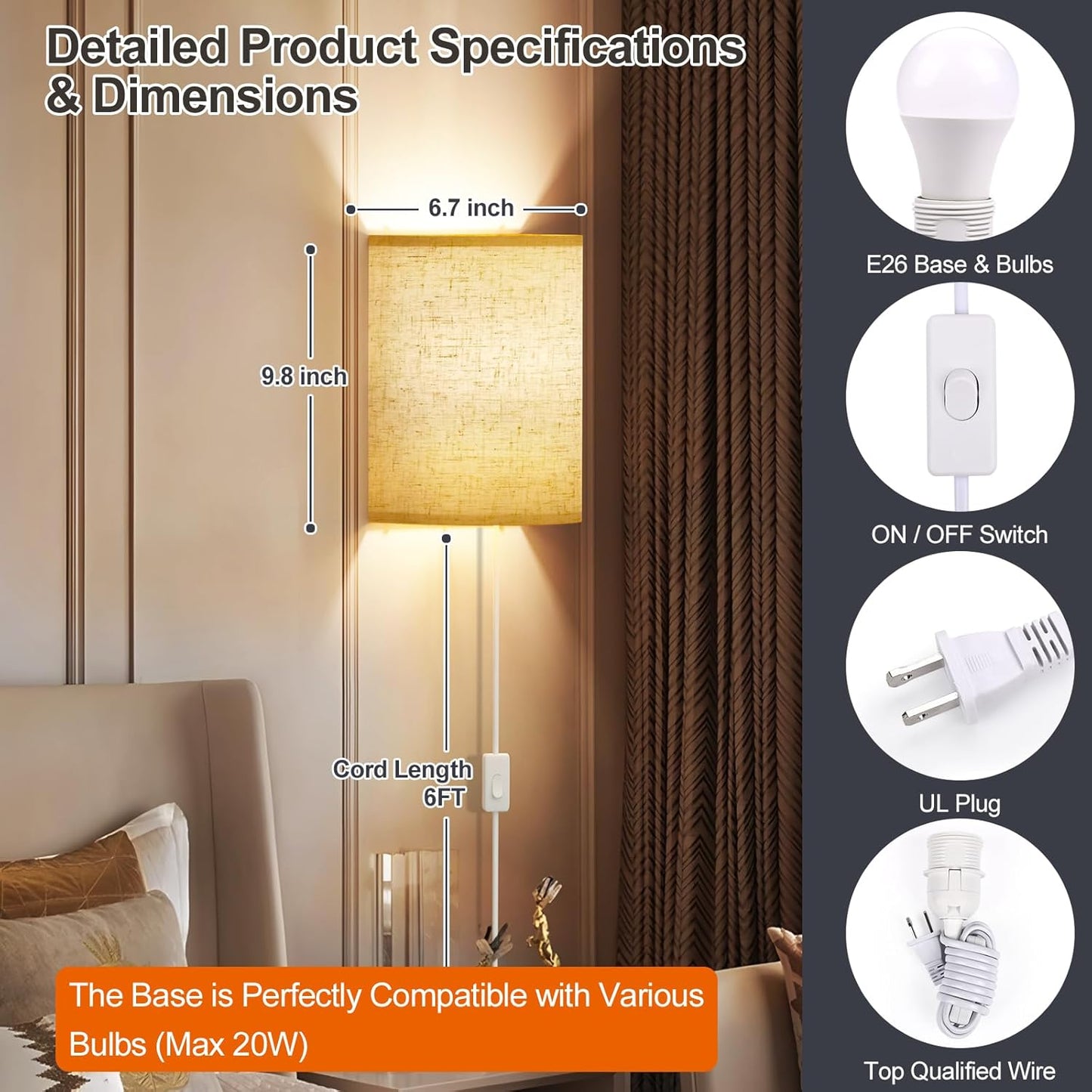 Battery Operated Wall Sconce Set of Two: 10000mAh Wireless Wall Light with Rechargeable Magnetic Bulb - Dimmable Wall Lamp with 7 RGB Colors - Linen Shade Sconces with Remote for Bedroom Living Room
