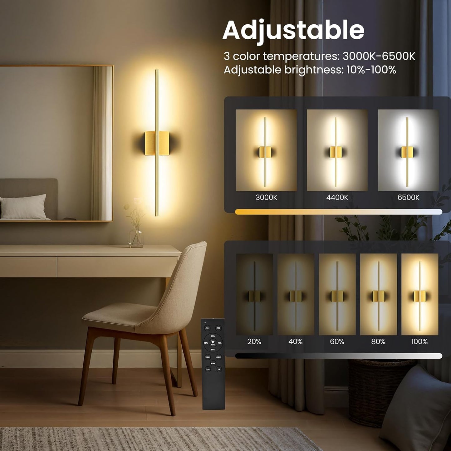 Battery Operated Wall Sconces Set of Two, 10000mAh Rechargeable Wall Lights with Remote Control, 360° Rotate Dimmable Black Gold LED Cordless Lighting for Bedroom, Living Room, Hallway, 29 Inch, 3CCT
