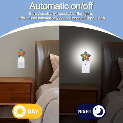 Lavender Butterfly Nightlight,Summer Flowers Star Night Lights Plug into Wall Decorations for Bedroom Bathroom,Dusk to Dawn Sensor Kitchen Hallway Stairs Energy Efficient Desk Lamp