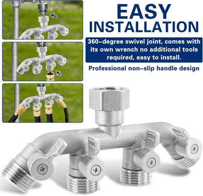 4 Way Garden Hose Splitter, 304 Stainless Steel Outdoor Faucet Splitter with 4 Individual Shut Off Valves, 3/4" GHT High Flow Hose Bib Spigot Connector