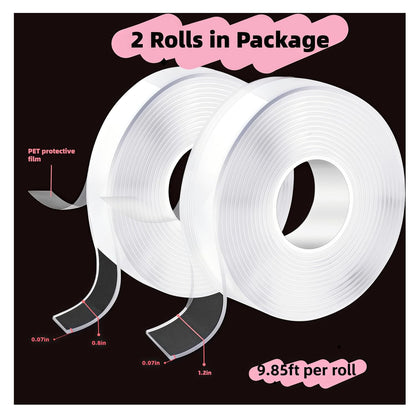 Nano Double Sided Tape Heavy Duty Strong Adhesive, 2 Rolls (0.8in×9.85ft & 1.2in×9.85ft), Removable Reusable Clear Mounting Tape for Wall, Carpet & Picture Hanging