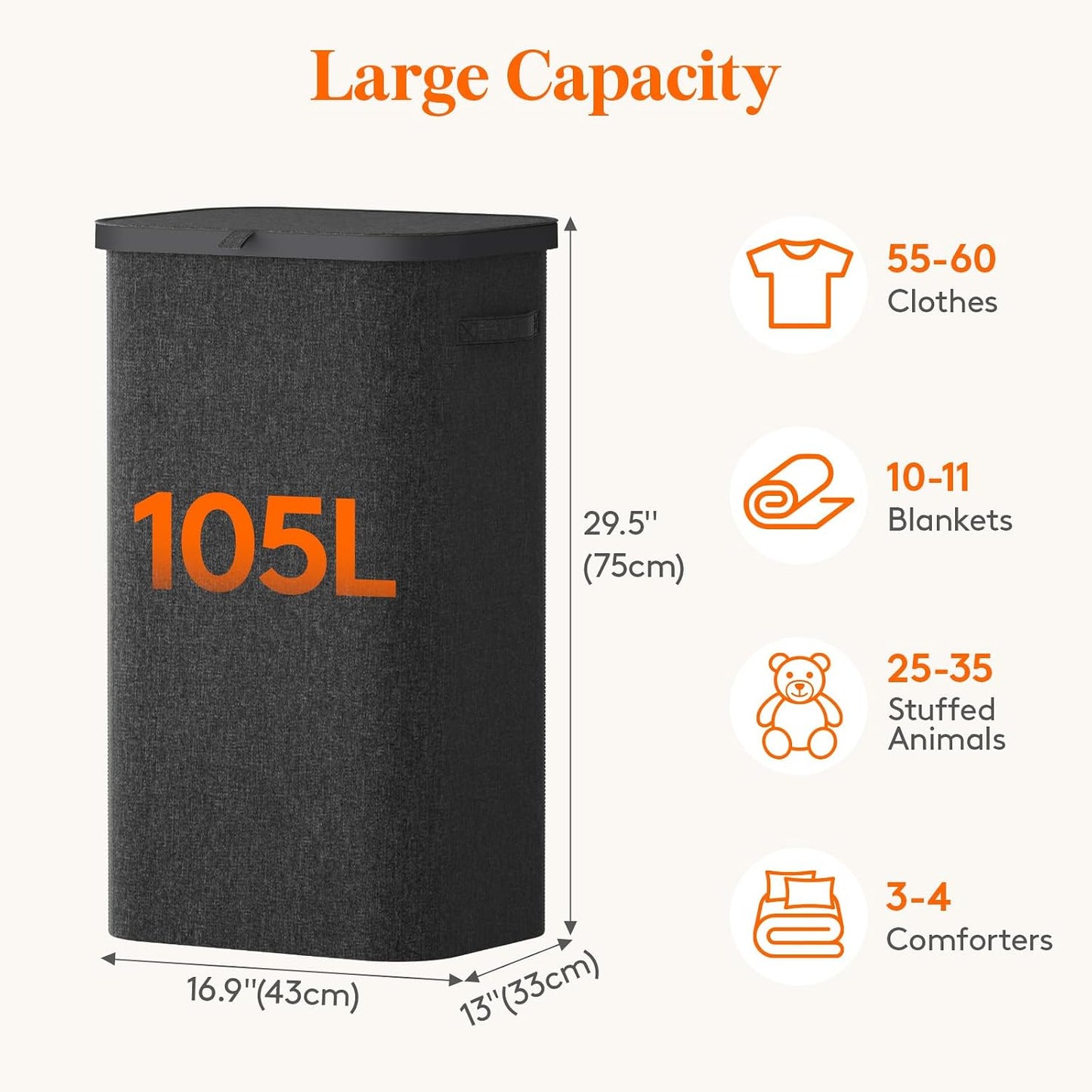 Lifewit 165L Large Laundry Basket with Lid, Laundry Hamper with Plastic Handles and Removable Bag, Foldable Tall Dirty Clothes Hampers for Laundry for Laundry Room, Bedroom, Bathroom, Dorm, Beige