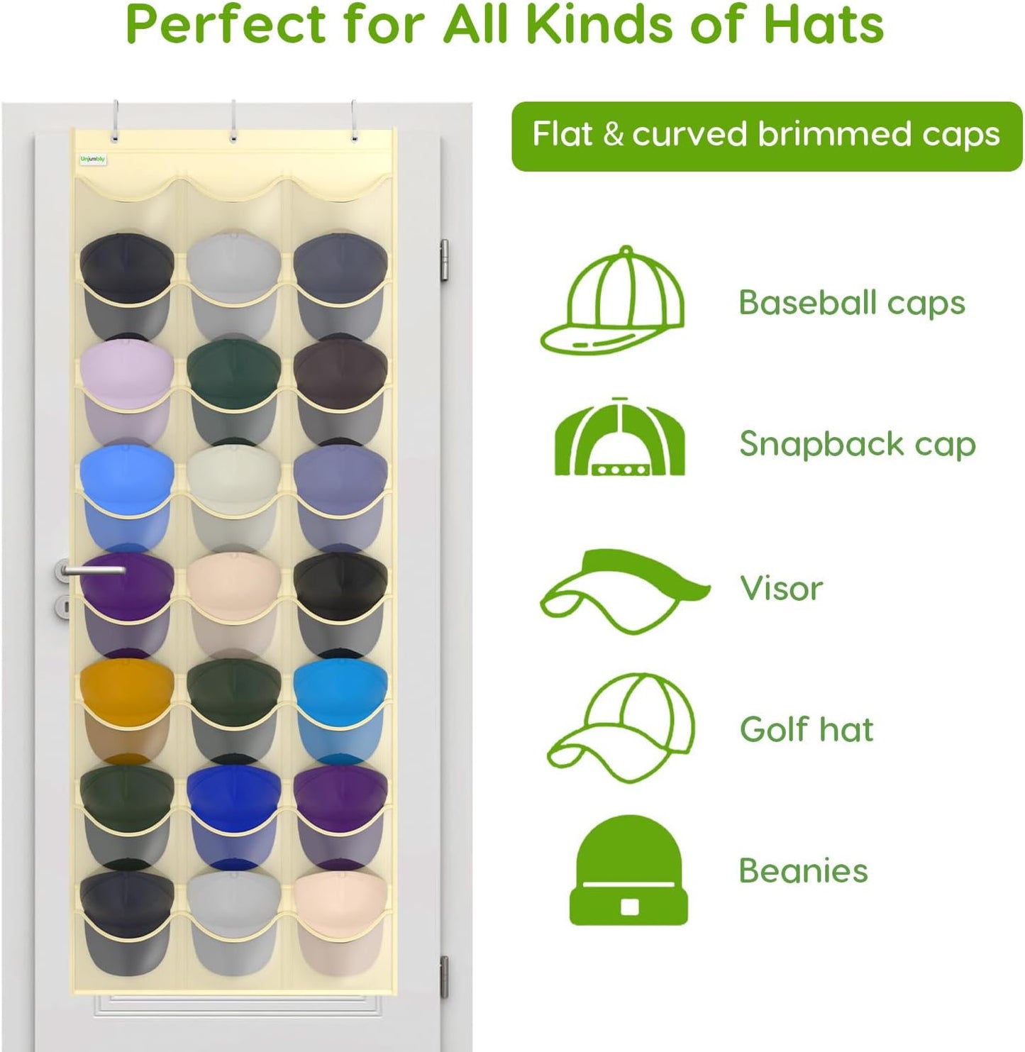 Baseball Hat Rack, 24 Pocket Over-The-Door Hat Organizer with Clear Deep Pockets to Display Baseball Caps Collection, Complete with 3 Over Door Hooks (Black, 24 Pockets)