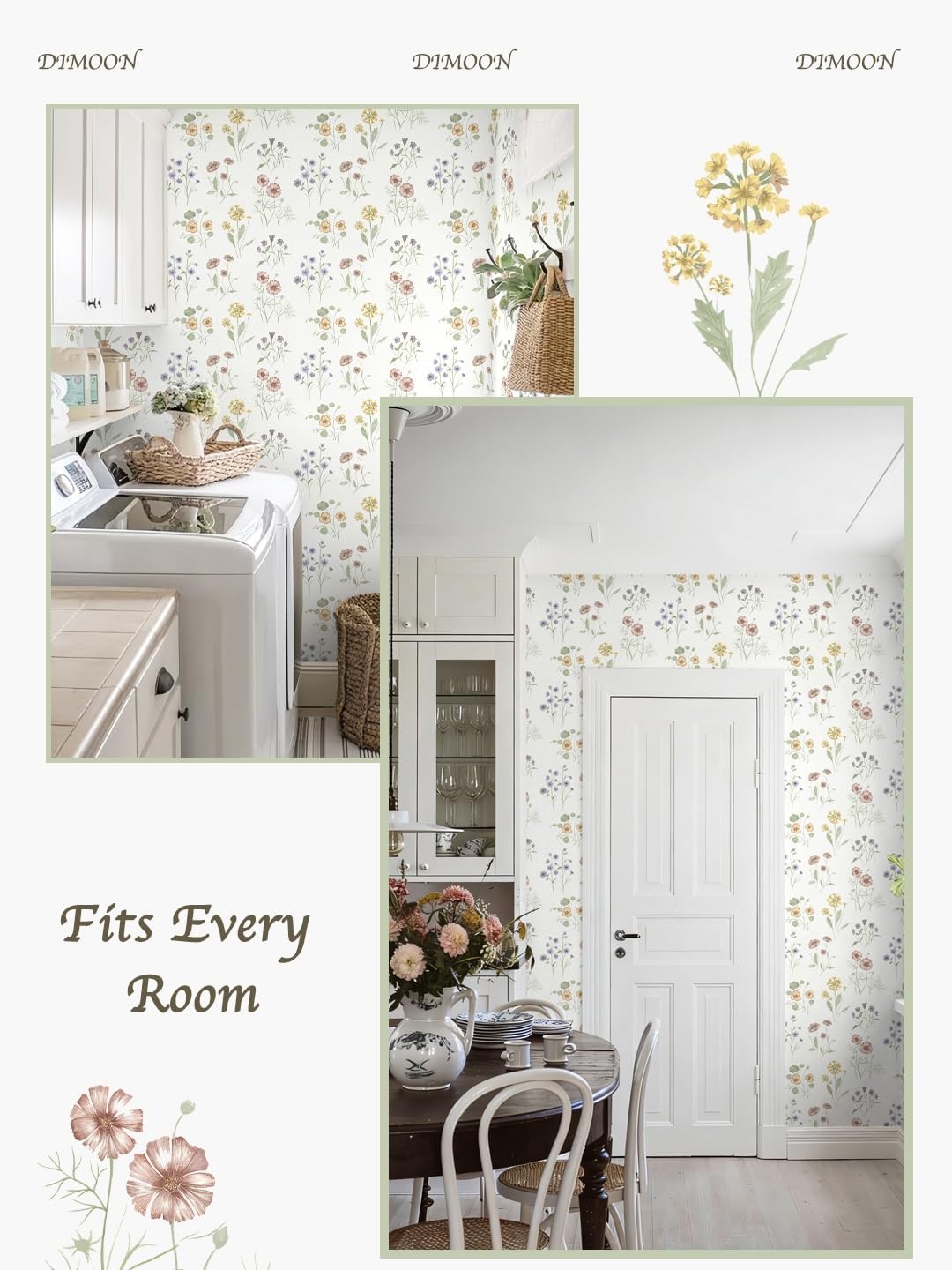 Dimoon 17.3''x78.7'' Vintage Peel and Stick Wallpaper Boho Beige Neutral Contact Paper White Floral Bird Wallpaper Removable Botanical Renter Friendly Modern Wall Paper Bedroom Bathroom Vinyl Roll