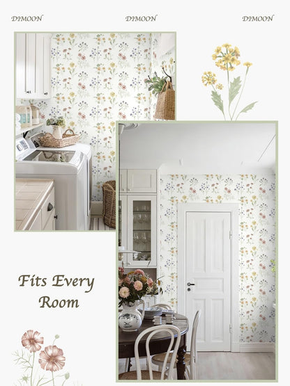 Dimoon 17.3''x78.7'' Vintage Peel and Stick Wallpaper Boho Beige Neutral Contact Paper White Floral Bird Wallpaper Removable Botanical Renter Friendly Modern Wall Paper Bedroom Bathroom Vinyl Roll