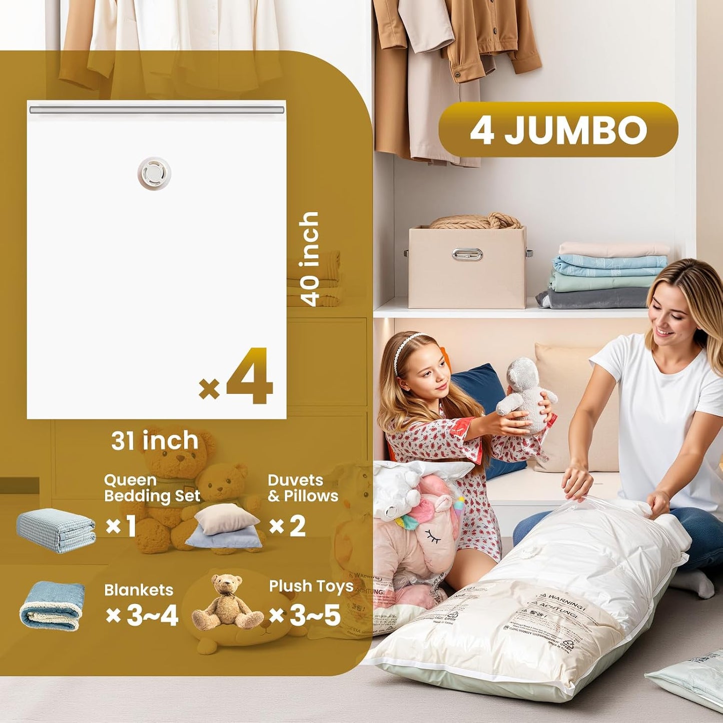 TAILI 8 Pack Vacuum Storage Bags, Jumbo Size (31×40 inch), Vacuum Seal Bags for Clothing, Bulky Bedding, Comforter, Blankets, Pillows, Space Saver Packing