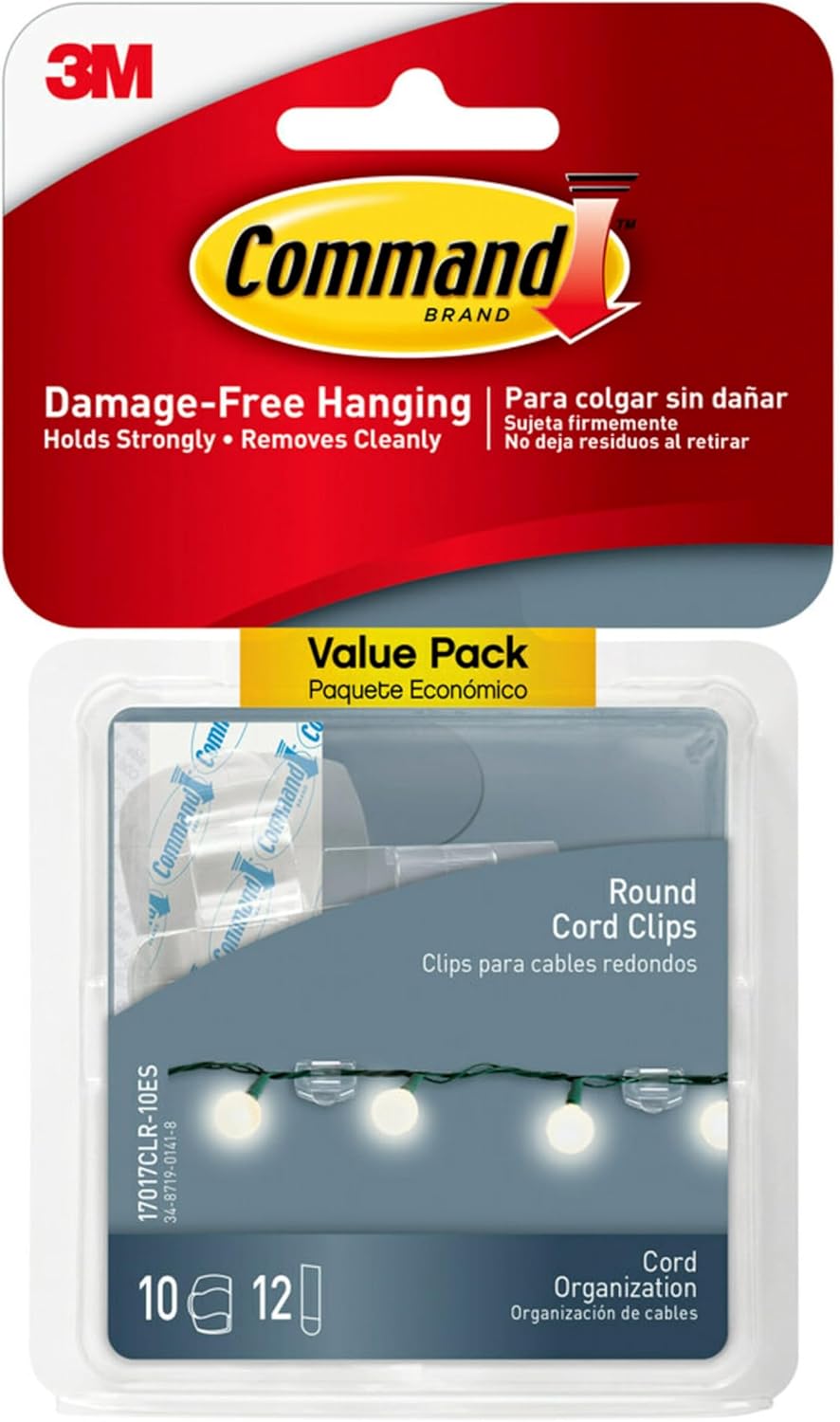 Command Round Cord Clips, Damage Free Hanging Cable Clips, No Tools Wall Clips for Hanging Electrical Cables, 40 Clear Cord Clips and 48 Command Strips