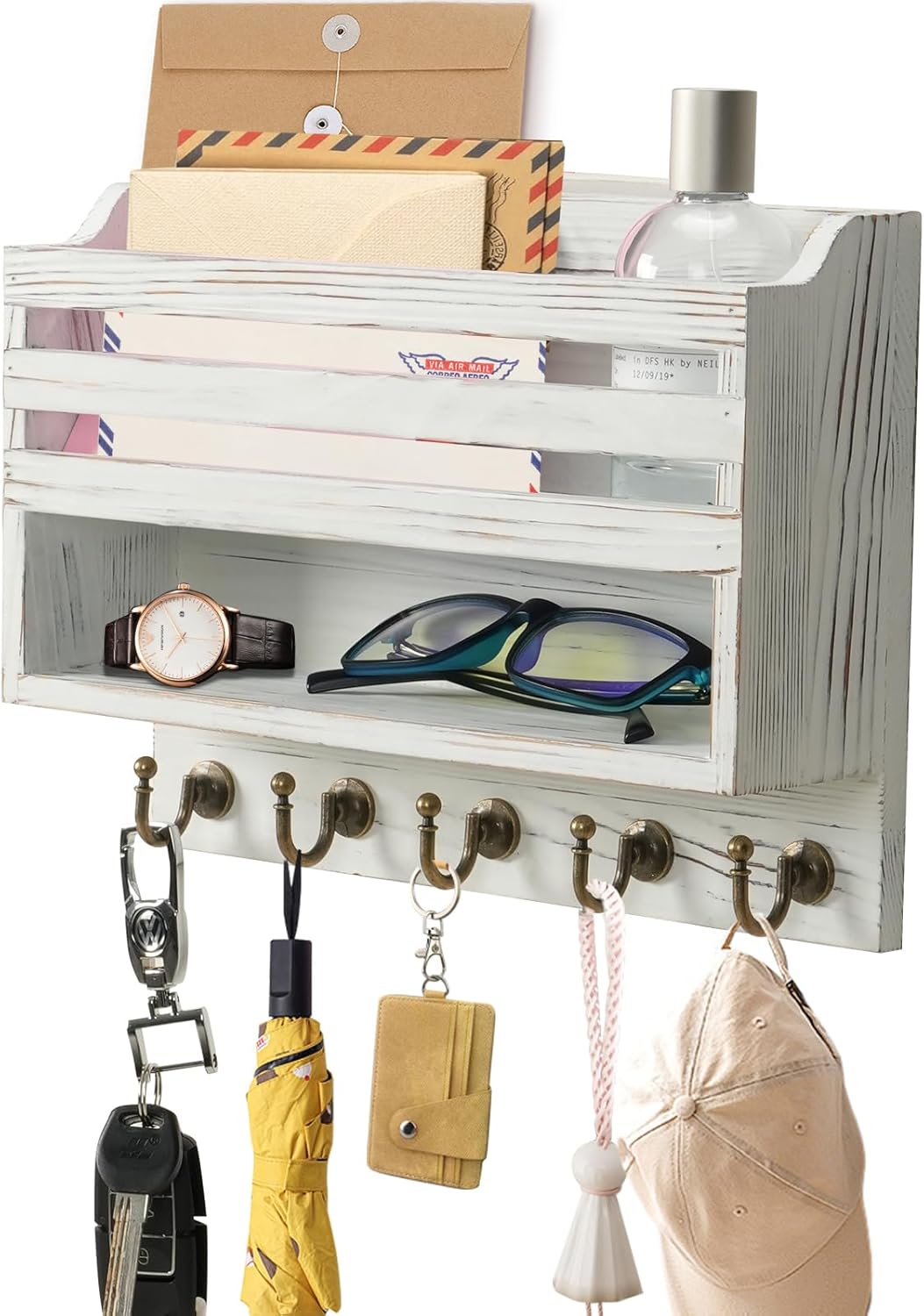 Mail and Key Organizer for Wall – Key Holder Wall Mount with Storage Box and 5 Key Hooks, Mail Holder Wall Mounted for Entryway, Apartment, Office, Home Decor Organization (Brown)
