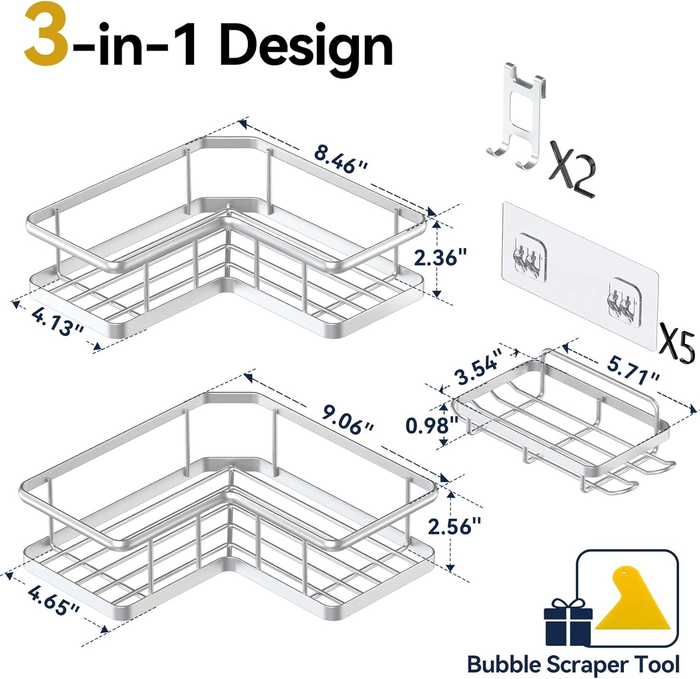 YASONIC Corner Shower Caddy, 5-Pack Adhesive Rustproof Stainless Steel Shower Organizer with Soap Holder, No Drilling Shower Shelf for Inside Shower, Dorm, Renters, Black