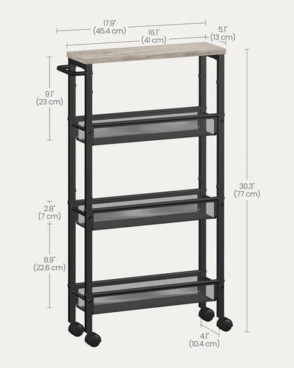 VASAGLE Slim Rolling Cart, 4-Tier Narrow Storage Cart with Handle, 5.1 Inches Deep, Metal Frame, for Kitchen, Dining Room, Living Room, Home Office, Rustic Brown and Classic Black ULRC032B01V1