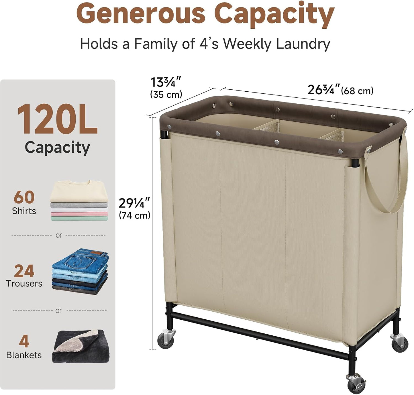 StorageWorks 3 Section Laundry Hamper, Rolling Laundry Cart with Wheels and Handles, Laundry Room Double Sorter for Organizer and Storage, 31.7 Gal(120L), Beige