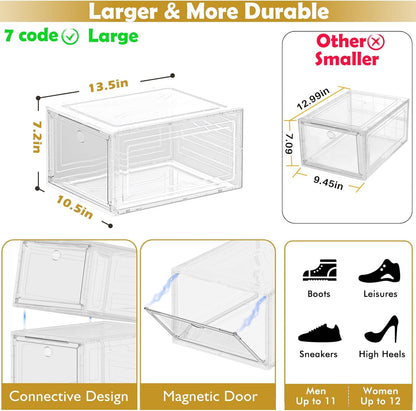 7 code Thicken & Sturdy Clear Shoe Storage Organizer with Magnetic Door, Stackable Boxes for Closet, Foldable Shoe Rack for Sneaker Boot Container, Plastic Shoe Cabinet Shoe Box 6 Pack, Black