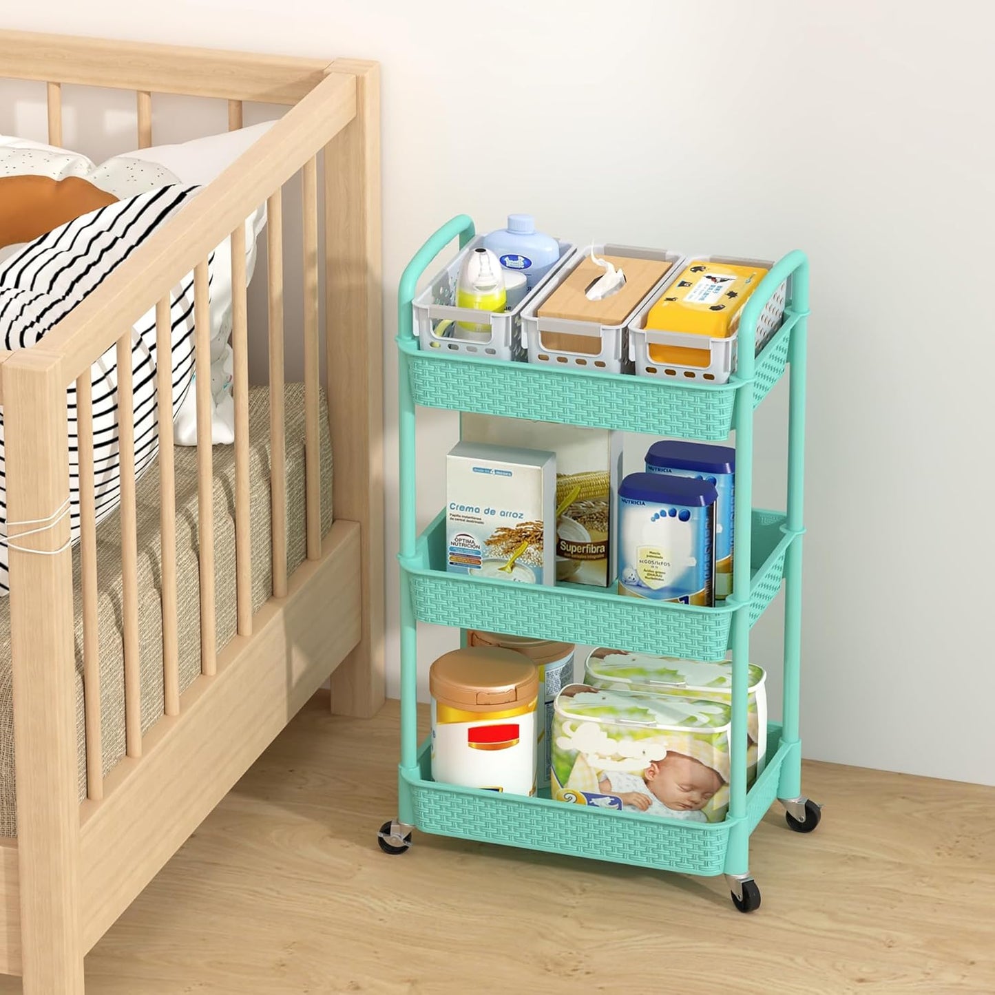 MOYIPIN 3-Tier Plastic Rolling Utility Cart with Handle,Utility Storage Cart for Office, Living Room, Kitchen,Movable Storage Organizer Shelves,White