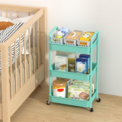 MOYIPIN 3-Tier Plastic Rolling Utility Cart with Handle,Utility Storage Cart for Office, Living Room, Kitchen,Movable Storage Organizer Shelves,White