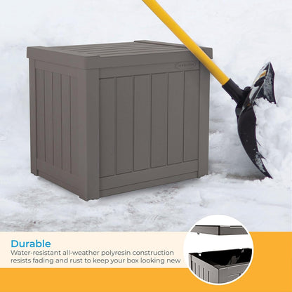 Suncast 22-Gallon Small Deck Box - Lightweight Resin Indoor/Outdoor Storage Container and Seat for Patio Cushions and Gardening Tools - Store Items on Patio, Garage, Yard - Stone Gray, Made in the USA
