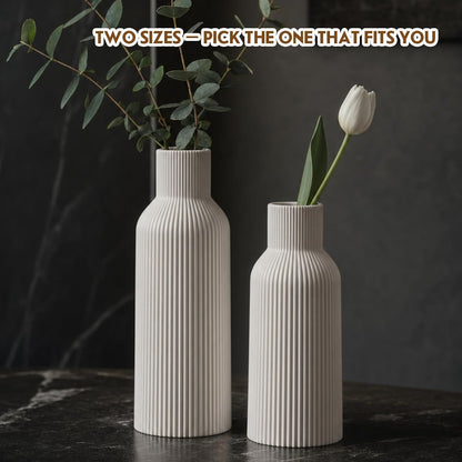 White Ceramic Flower Vases Set of 3, Modern Matte Vertical Ribbed, Nordic Minimalist Decor for Pampas, Dried & Fresh Flowers, Centerpiece for Living Room, Shelf, Entryway, Wedding,Office