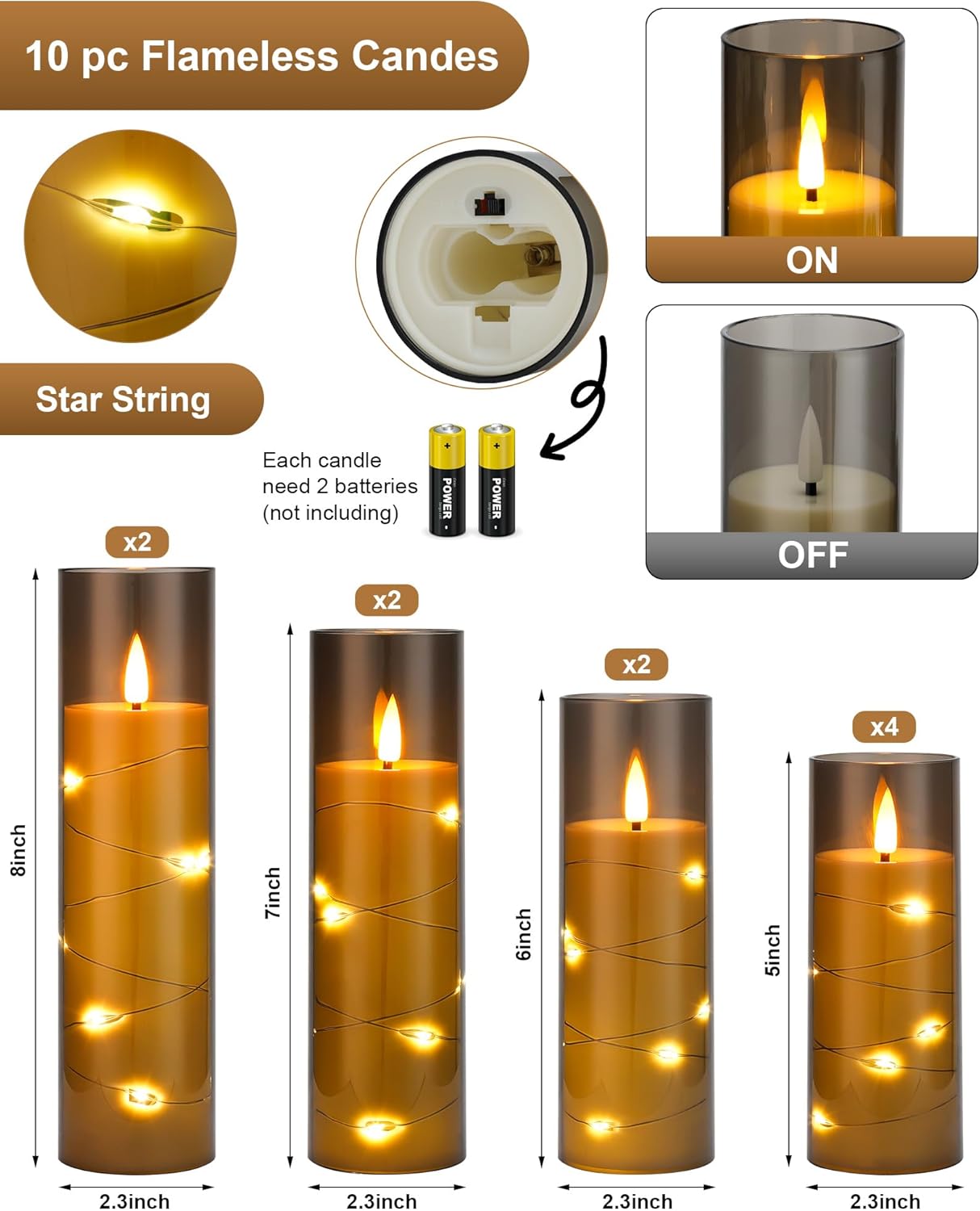 Set of 24 Slim Outdoor LED Candles, Battery Operated Flickering Fake Candles with 10-Key Timers for Patio & Porch Decor, 2.2 Inch Diameter Waterproof Resin Pillars for Large Events & Sconces (White)