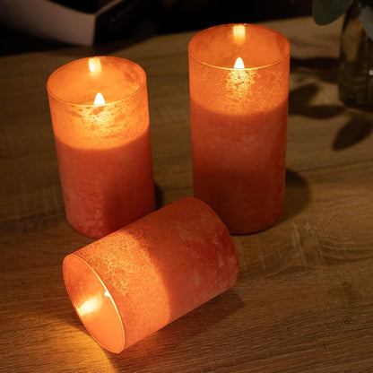 Blue Flameless Candles with Remote, Real Wax Glass Battery Operated Candles with Timer, LED Pillar Candle for Bedroom Home Wedding Birthday Party Fall Halloween Christmas Decorations, Set of 3