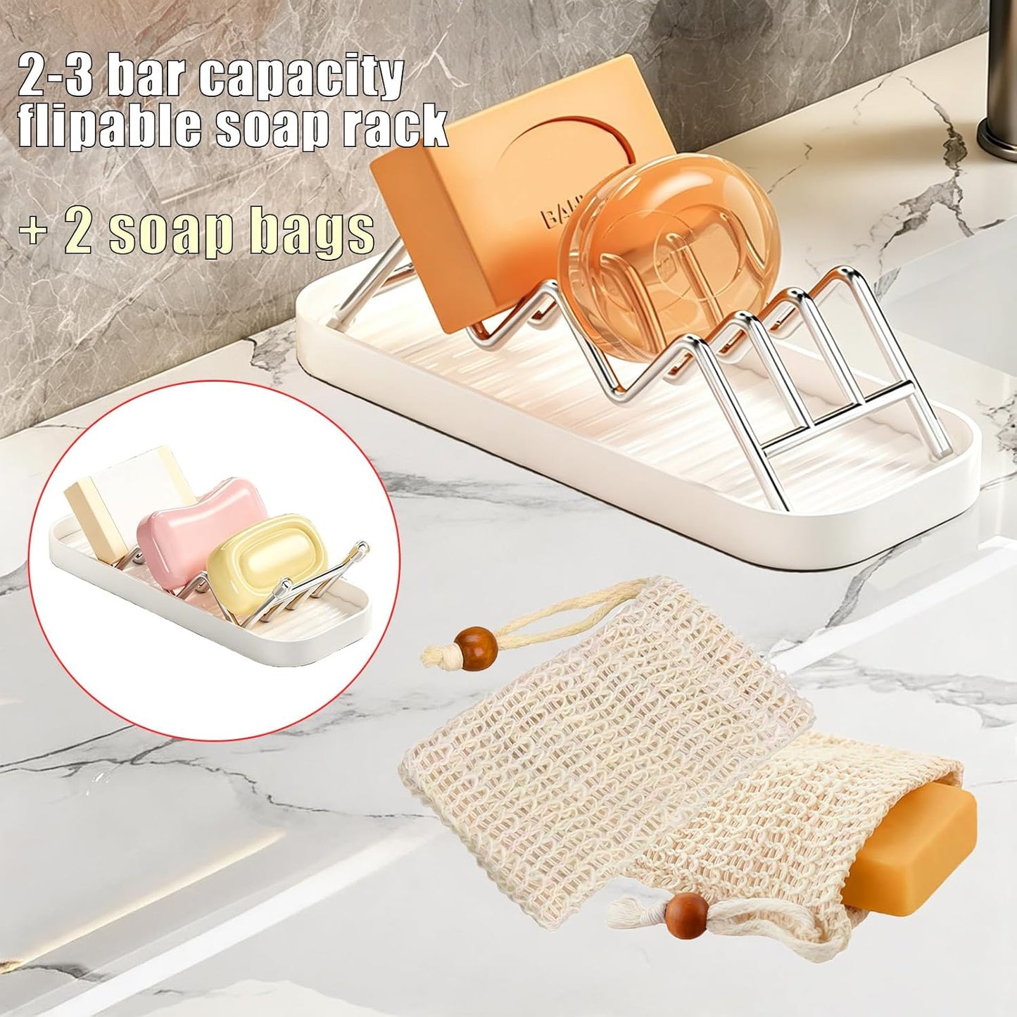Thick Stainless Steel Soap Holder with 2 Soap Saver Bags, Self-Draining Shampoo Bar Holder with Removable Drip Tray, 304 Rustproof Quick-Drying Soap Dish for Bathroom Counter, Kitchen Sink & Shower