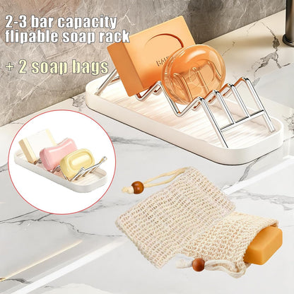 Thick Stainless Steel Soap Holder with 2 Soap Saver Bags, Self-Draining Shampoo Bar Holder with Removable Drip Tray, 304 Rustproof Quick-Drying Soap Dish for Bathroom Counter, Kitchen Sink & Shower