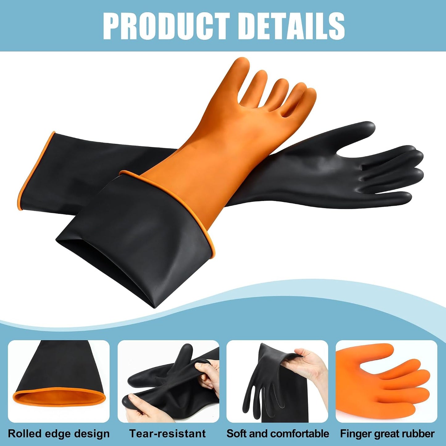 18" XL Size Latex Chemical Resistant Gloves, Reusable Heavy Duty Long Rubber Glove Dishwashing Gloves, Industrial Safety Glove for Men, Forearm Protection Waterproof Resist Strong Acid, Alkali, Oil'