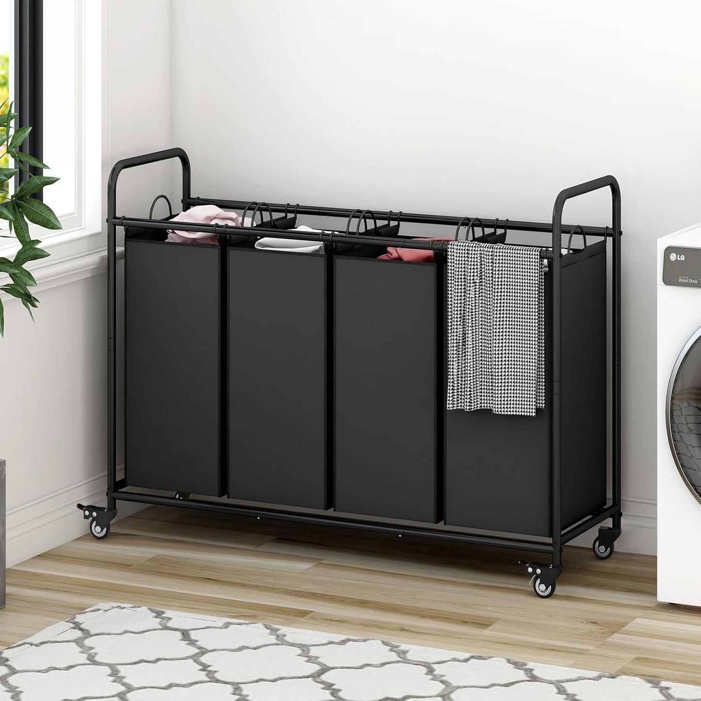 LINZINAR 3-Bag Laundry Hamper, Black Laundry Basket, 35.6 Gal(135 L) Laundry Sorter Cart Laundry Room Organization with Heavy Duty Rolling Lockable Wheels and Removable Bags