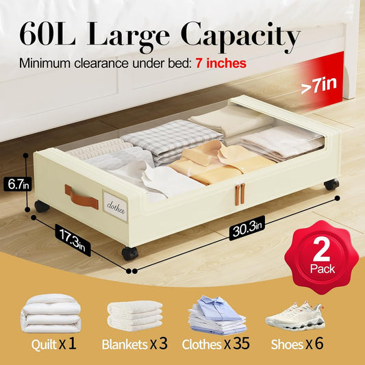 Yecaye Under Bed Storage with Wheels, 2 Pack Under the Bed Storage Containers with Lids & Label, XXL 60L Rolling Underbed Storage Drawers for Clothes, Blankets, Shoes, Black