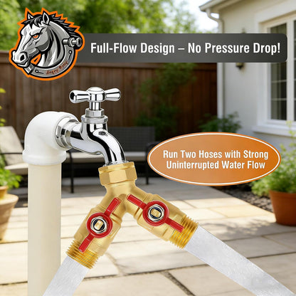 Angry Pony Spigot Splitter 2 Way, GHT 3/4 Hose Bib Splitter for Spigot | for Garden/Lawn/Patio Watering Task,Solid Brass,Individual Shutoff,Dual Hose Splitter,Wide Flow Port,Easy to Install