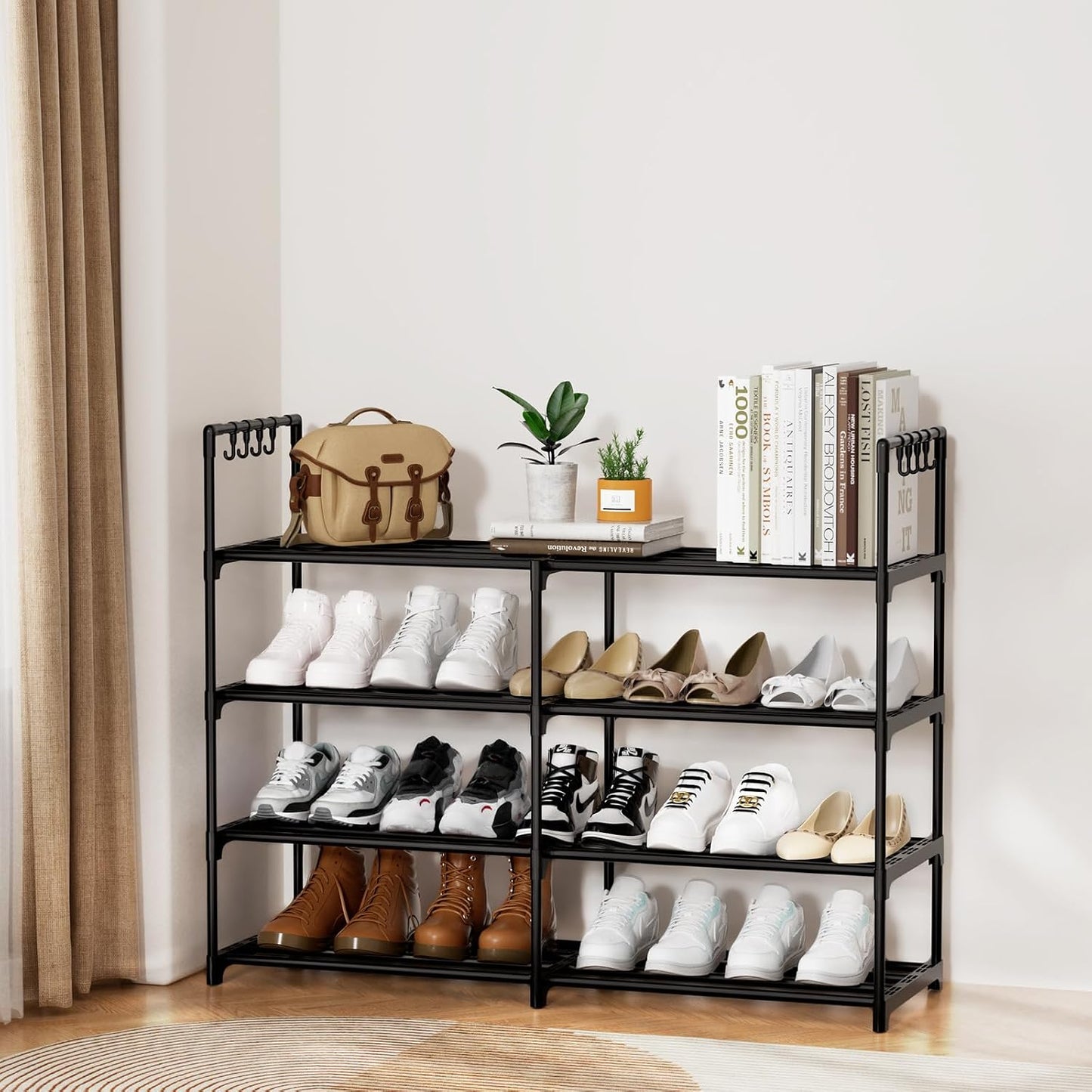 3 Row 4 Tier Long Shoe Rack, Black Metal Stackable Shoe Shelf with Multifunctional Hooks, Shoe Storage Hold 24-30 Pairs, Space Saving Shoe Organizer for Closet,Wide Shoe Rack