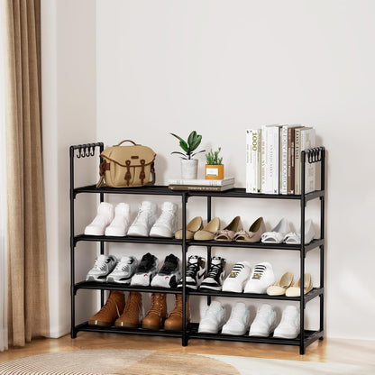 3 Row 4 Tier Long Shoe Rack, Black Metal Stackable Shoe Shelf with Multifunctional Hooks, Shoe Storage Hold 24-30 Pairs, Space Saving Shoe Organizer for Closet,Wide Shoe Rack