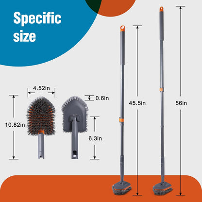 CLEANHOME Tile Tub Scrubber Brush with 3 Different Function Cleaning Heads and 56" Extendable Long Handle-No Scratch Shower Scrubber for Cleaning Bathroom Kitchen Toilet Wall,Bathtub,Sink,Grey