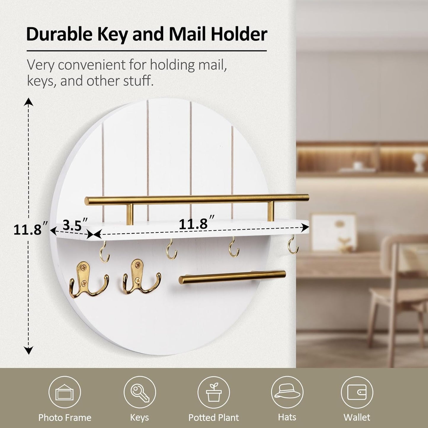 Nekon Key Holder Wall Mount, 11.8 Inch Rack With Shelf and 6 Hooks, Rustic Mail Organizer, Circular Wooden Hanger for Entryway Hallway Kitchen (Brown&Gold)