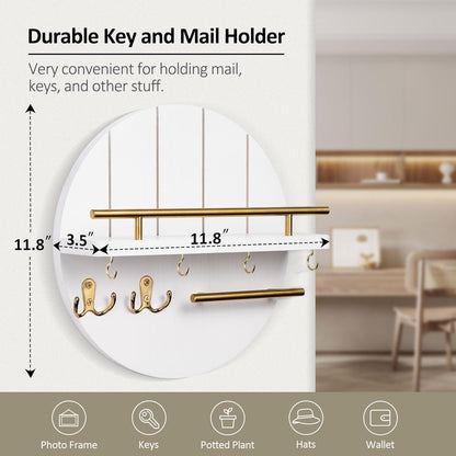 Nekon Key Holder Wall Mount, 11.8 Inch Rack With Shelf and 6 Hooks, Rustic Mail Organizer, Circular Wooden Hanger for Entryway Hallway Kitchen (Brown&Gold)