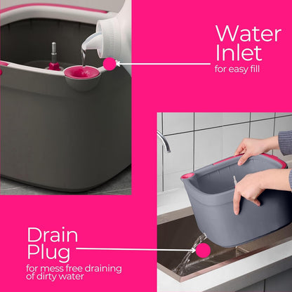 TRUE & TIDY Square Spin Mop & Bucket System – Dual Chamber for Clean & Dirty Water, 360° Rotating Self-Wringing Mop with Built-in Scrub Brush, Stainless Steel Handle & 2 Reusable Microfiber Mop Pads