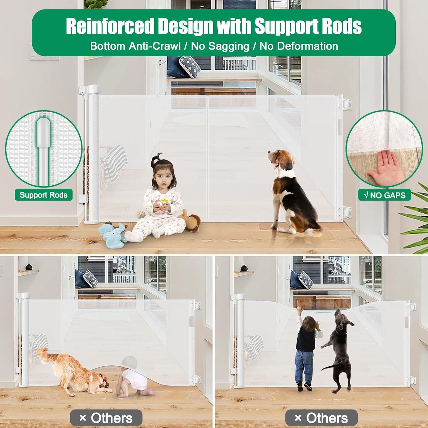 Reinforced 50" Wide Retractable Baby Gates for Doorways, Retractable Dog Gate for Stairs with Support Rods – Prevent Crawling Under, Outdoor Indoor Mesh Baby Gate Retractable Gates for Dogs, White