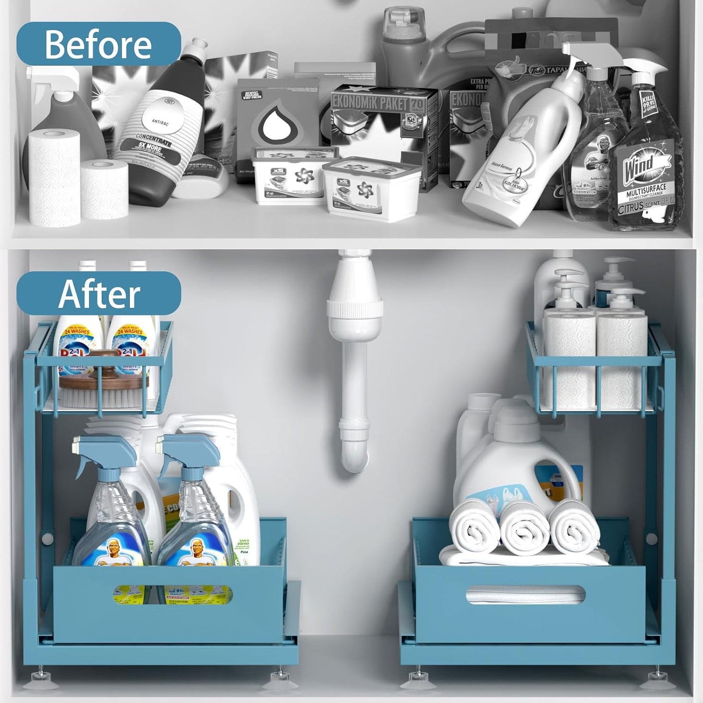 Saydear Under Sink Organizer Storage 2-Tier Premium Metal Pull-Out Kitchen Cabinet Organizer with Sliding Drawer, Height Adjustable, Heavy Duty for Kitchen & Bathroom Organizers 2 Pack Black