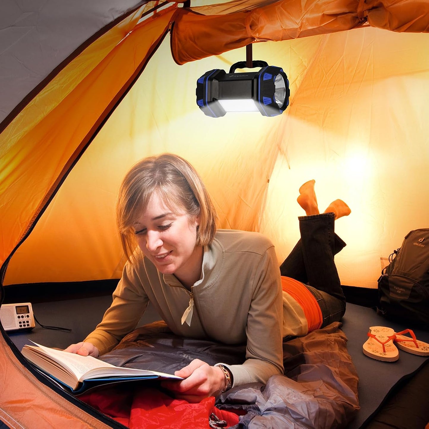 Led Camping Lantern Rechargeable, Camping Flashlight 1500LM, 8 Light Modes, Camping Lights 4800 Capacity, Portable Bright Flash Light for Emergencies, Power Outages, Hurricane, Hiking (Blue 1PACK).