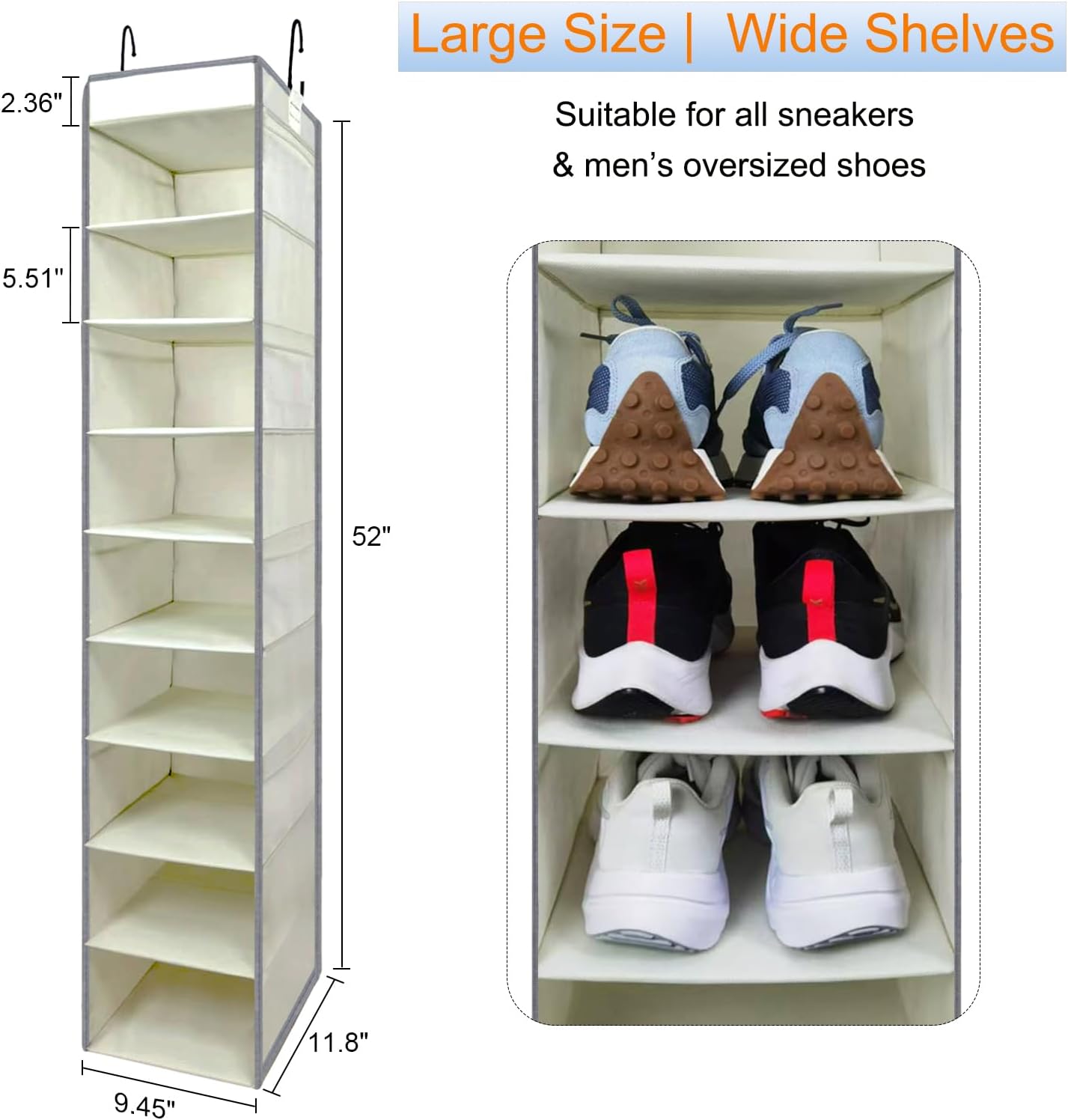 Large-Sized Hanging Shoe Organizer 10-Shelf, Sturdy Hanging Closet Organizer with 8 Side Pockets, Wider Hanging Shelves for Storage Shoes Clothes Jeans Shirts Toys, Black